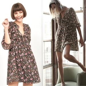 Zara Womens Floral Ruffle Babydoll Mini Dress Black Pink Green V Neck Lined S